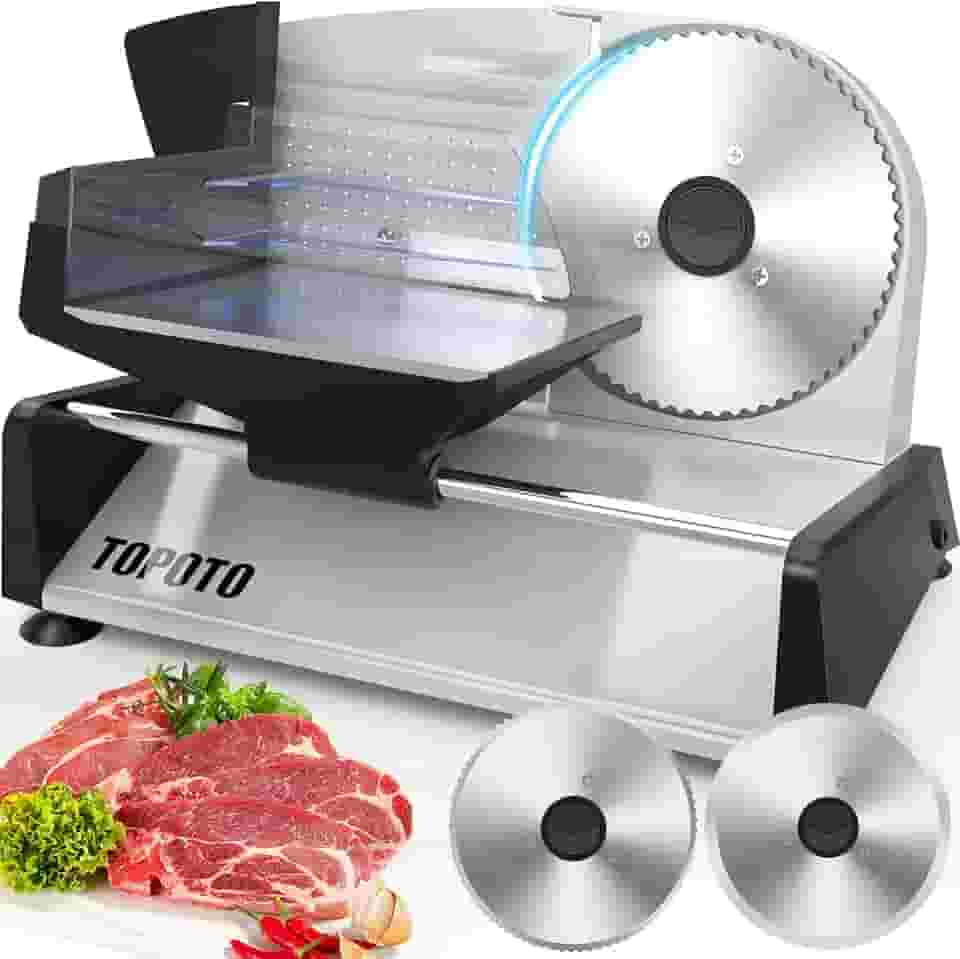 Cortador de carne Uso doméstico TOPOTO Cortador de carne elétrico 2 lâminas de aço inoxidável de 7,5' 0-15 mm Máquina de fatiar de espessura ajustável Poderosos fatiadores de comida para carne, queijo, pão, vegetais fáceis de limpar