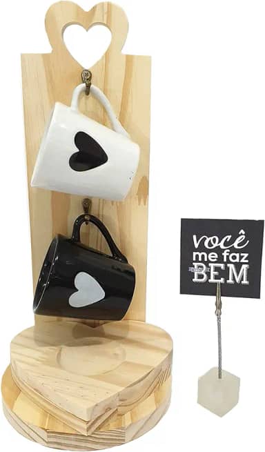 Kit Suporte Jogo Caneca Xícara Café Coração Namorados Casal (Preto e Branco)