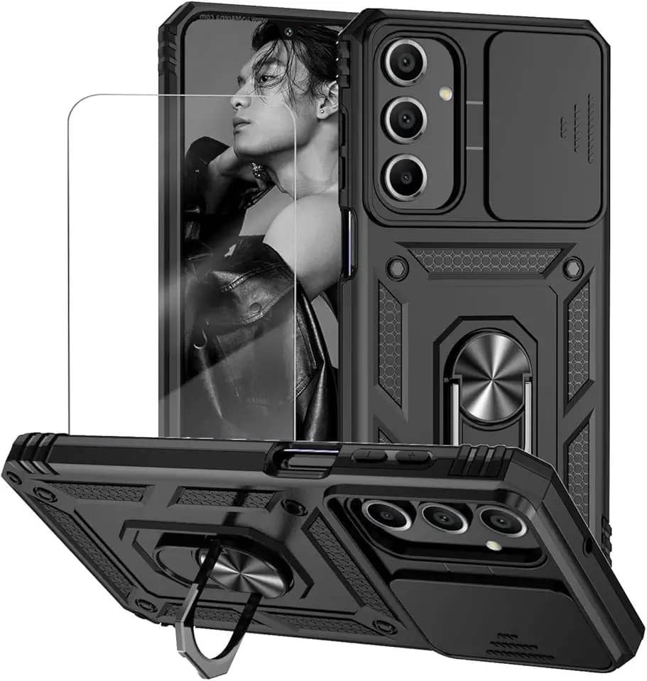 Capa para Samsung Galaxy A55 Capinha | com 2 peças de protetor de tela temperado com janela deslizante da câmera e suporte para telefone incluídos - Preto