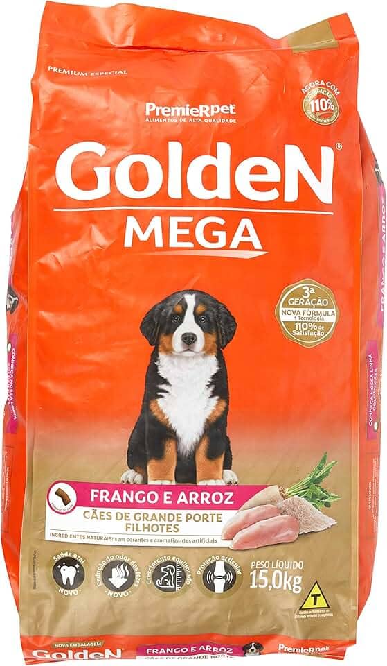 Ração Golden Cães Filhotes Raças Grandes Sabor Frango e Arroz, 15kg Premier Pet Para Todas Gigante Filhotes,