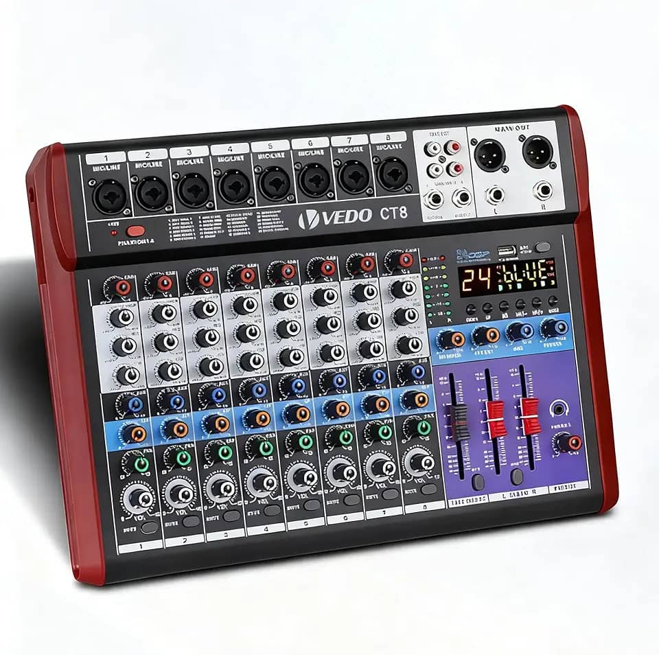 Mixer de Áudio de 8 Canais com Alimentação Fantasma de 48 V, Equalizador de 3 Bandas, 24 Efeitos DSP, Bluetooth 5.0 - Adequado para Gravação em Estúdio, Som ao Vivo, Shows em Palco e Karaokê