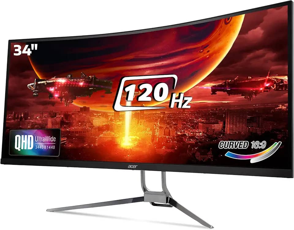Acer ED343CUR J 34 polegadas UWQHD (3440 x 1440) Pixels VA Painel 1000R Curvo Retroiluminação LED Monitor I 1 MS, 120Hz Refresh I HDR 10, Adobe RGB 90% I RGB Lighting I 2 x HDMI (2.0) 2 x DP (1.2) I