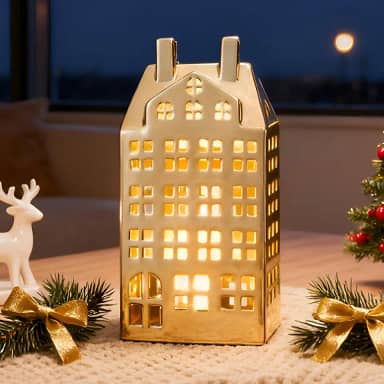 DN DECONATION Decorações de casa de vila de Natal, decoração de casa de cerâmica iluminada, estatuetas douradas de construção de cidade de Natal com luzes, decoração de inverno para mesa central