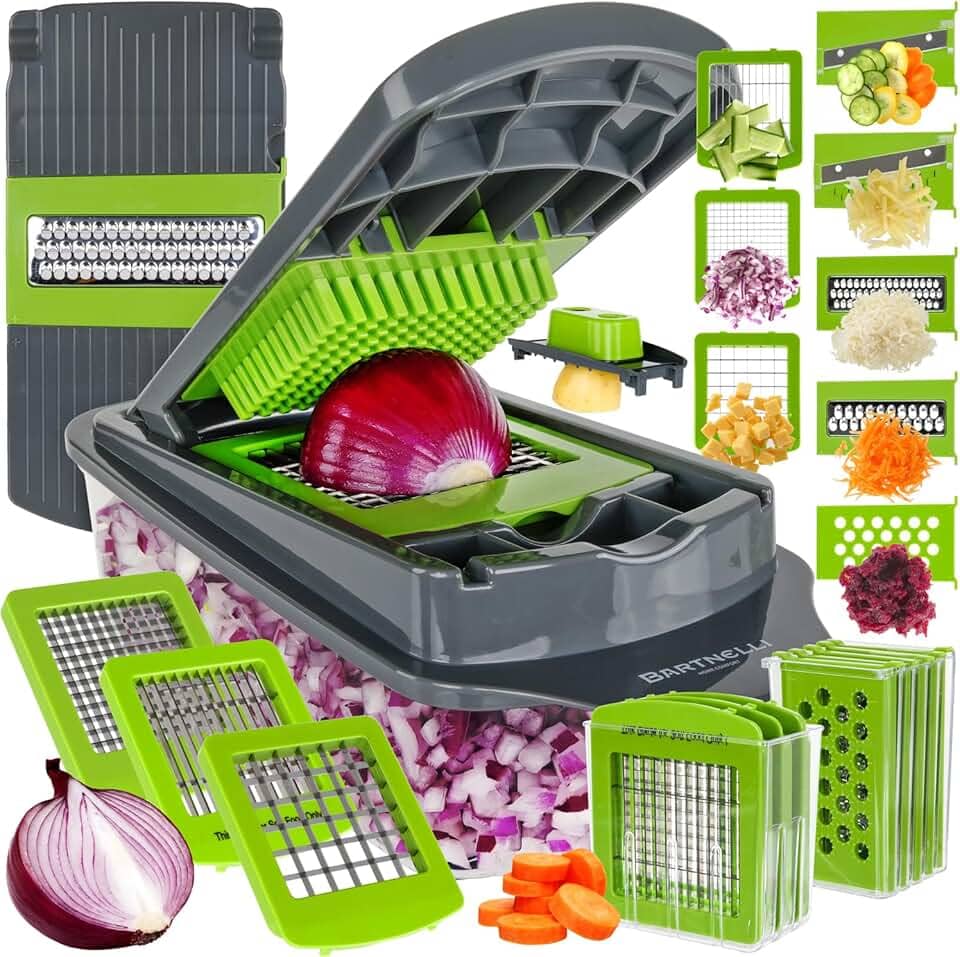 Bartnelli Cortador de vegetais Pro | 15 peças de utensílios de cozinha multifuncionais para cebola, vegetais, ralador de queijo, cortador de legumes com recipiente grande, fácil de limpar, com escova e garfo bônus