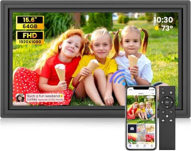 Uhale Moldura digital de 15,6 polegadas, 64 GB, armazenamento, 1920 x 1080 IPS FHD WiFi, moldura eletrônica com controle remoto, suporte de parede, cartão SD/unidade USB, compartilhe fotos/vídeos em