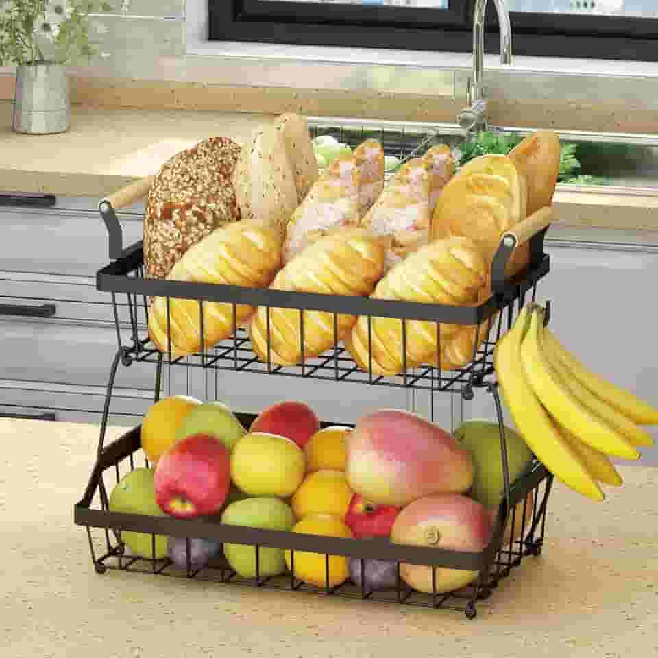Fruteira de Mesa de 2 Níveis, Organizador de Frutas com Gancho, Cesto de Armazenamento, Adequado para Cozinhas, Salas de Estar e Banheiros