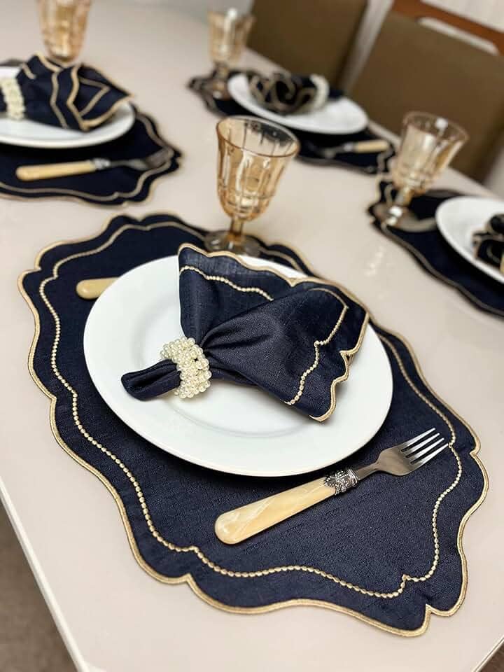 Kit Jogo Americano Realeza Com Guardanapo Bordado Mesa Posta Sousplat (Azul Bord Dourado, 4 Peças)