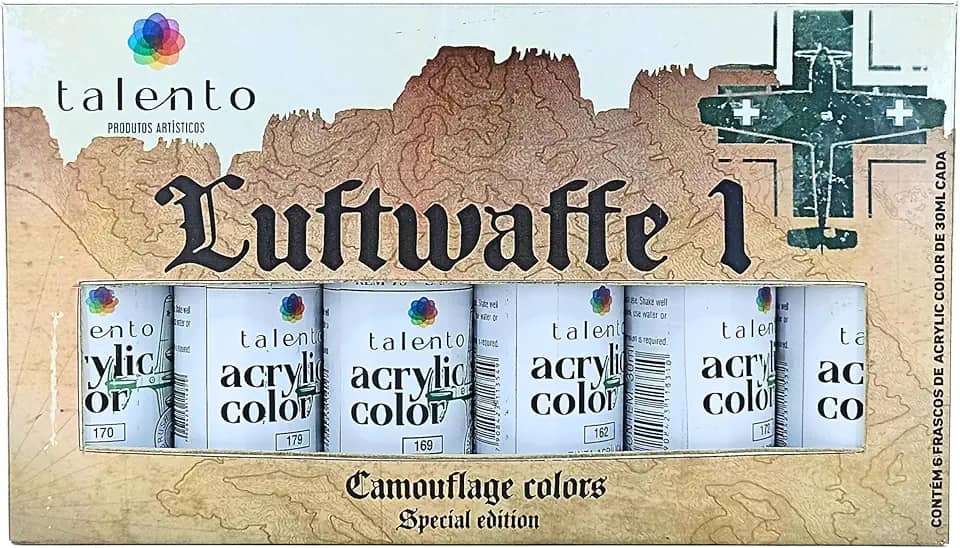 Tinta Acrílica para Modelismo Talento, Conjunto Luftwaffe com 6 Cores de 30ml, Compatível com Pincel e Aerografia