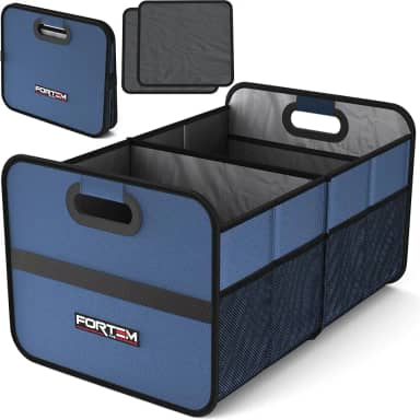 FORTEM Organizador de porta-malas de carro, organizador dobrável de dois compartimentos, SUV dobrável e armazenamento de caminhão para acessórios de carro para mulheres e homens, parte inferior