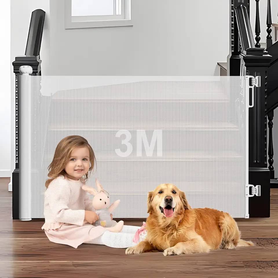 3m Portão Grade Retrátil de Proteção para Bebês e Cachorros, Portaozinho de Escada Instalação Sem Furos, Trava Dupla,Operação com uma mão,Portao Segurança Bebê Pet, Cercado para Cachorros