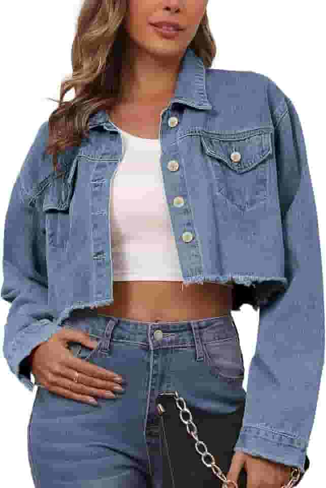 Jaqueta jeans feminina cropped com botões de manga comprida e bainha desgastada