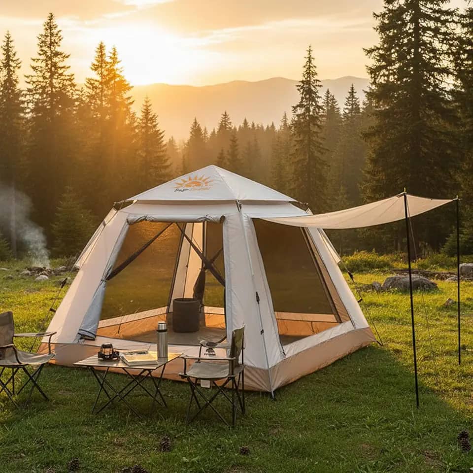 Barraca de Camping 4-6 Pessoas Impermeável Automática com Mosquiteiro, ComVobertura e Proteção Solar Dobrável Camping Equipamentos,Dobrável