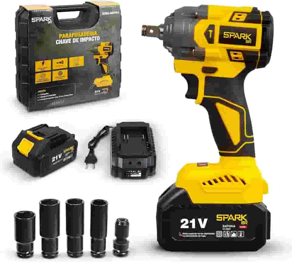 Chave Impacto Spark BR 21V Brushless Portátil Torque 350Nm 2 Velocidades LED Indicador Carga Bateria 3000mAh Maleta Carregador Rápido 4 Soquetes