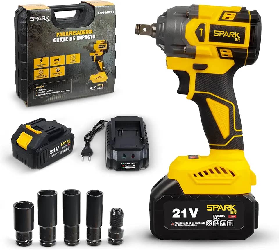 Chave Impacto Spark BR 21V Brushless Portátil Torque 350Nm 2 Velocidades LED Indicador Carga Bateria 3000mAh Maleta Carregador Rápido 4 Soquetes
