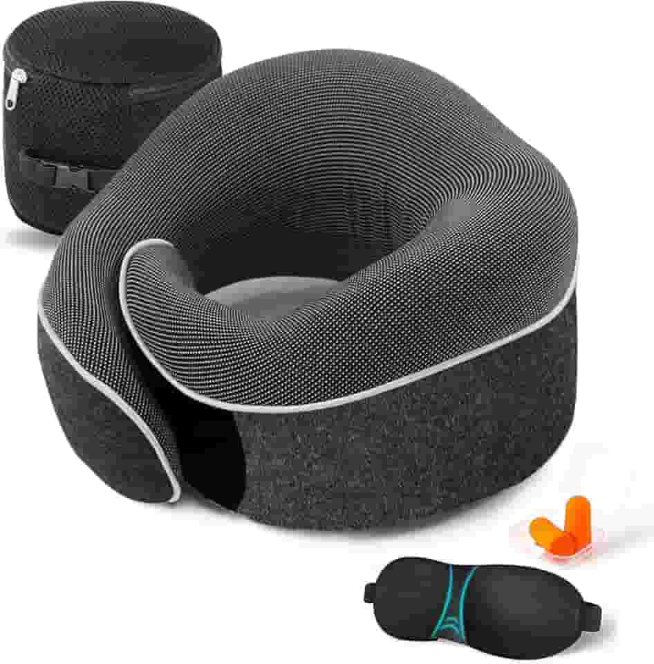Travesseiro de pescoço para viagem com suporte de queixo ajustável 100% de espuma viscoelástica pura para casa, aviões e carro, ergonômico, macio, melhor travesseiro de pescoço inteiro para dormir (preto)