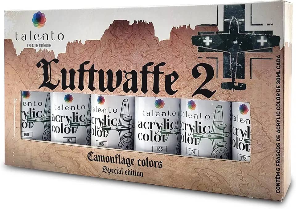 Tinta Acrílica para Modelismo Talento, Conjunto Luftwaffe 2 com 6 Cores de 30ml, Compatível com Pincel e Aerografia