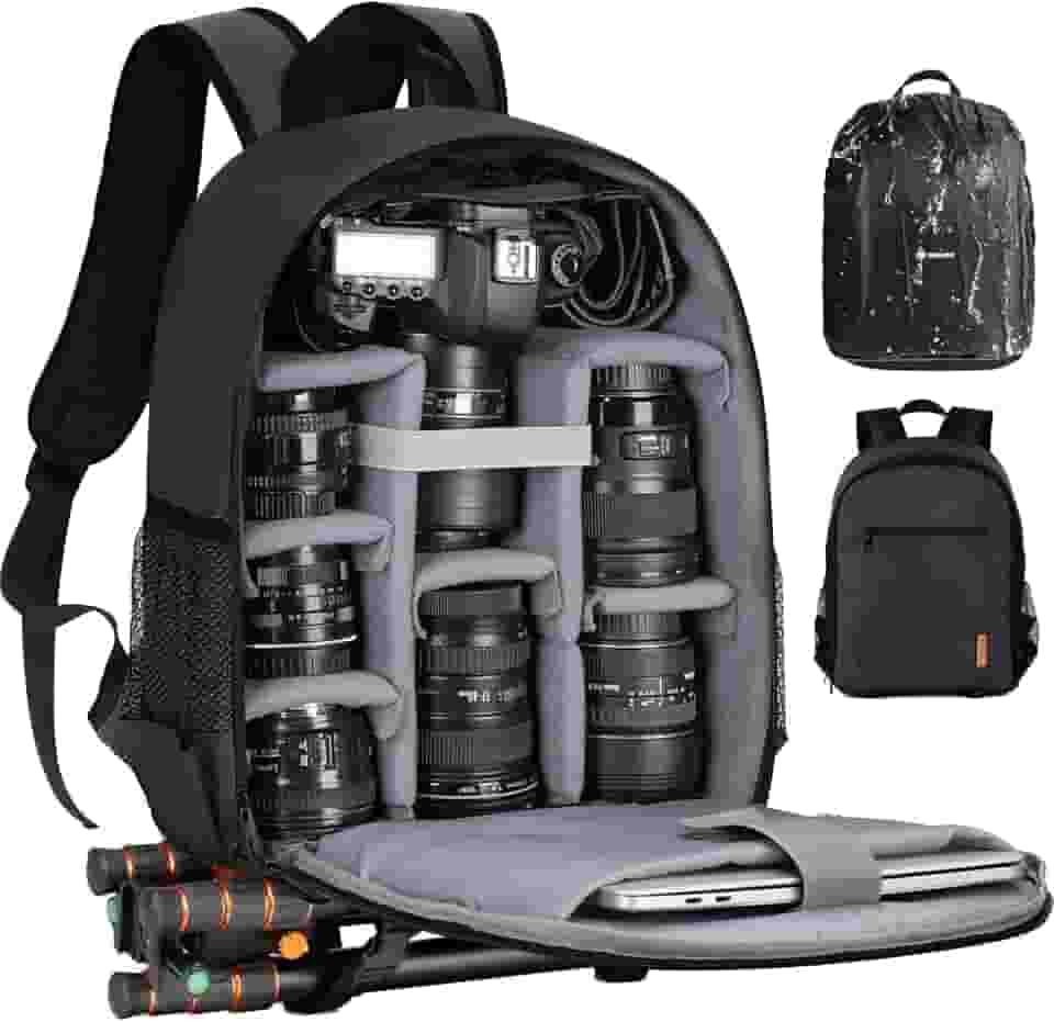 TARION Mochila pequena para câmera – Mochila profissional DSLR para fotografia com compartimento para laptop de 13 polegadas, capa de chuva à prova d'água e suporte de tripé para fotógrafos (preto