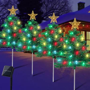 Kucicezu Decorações De Natal Para Áreas Externas: 4 Conjuntos Árvores Solares Com 80 Luzes Led Multicoloridas E Enfeite Estrela, 8 Modos Iluminação, Caminho À Prova D'Água Jardim Externo, Quintal, V