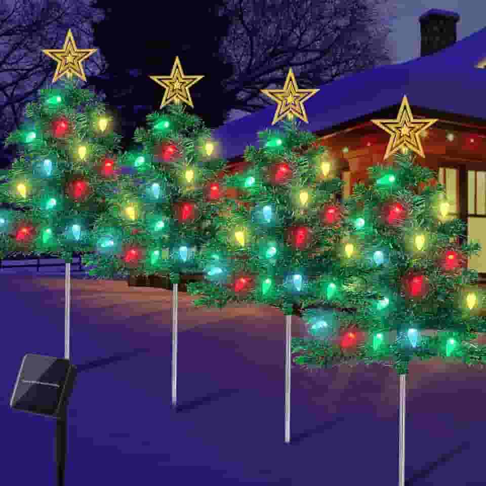 Kucicezu Decorações De Natal Para Áreas Externas: 4 Conjuntos Árvores Solares Com 80 Luzes Led Multicoloridas E Enfeite Estrela, 8 Modos Iluminação, Caminho À Prova D'Água Jardim Externo, Quintal, V