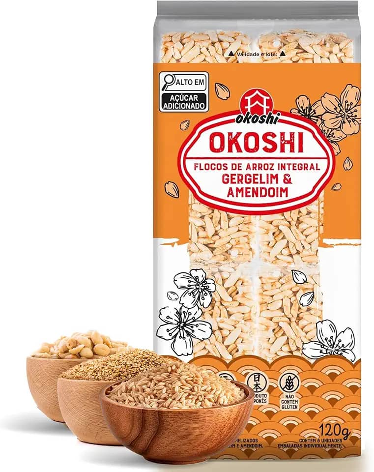OKOSHI - Okoshi Integral com Gergelim e Amendoim - Snacks Saudáveis, Lanches Fit para a Dieta - Vegano, Sem Glúten, Sem Lactose, Sem Gordura Trans, Kosher - 8 Barrinhas - 200g