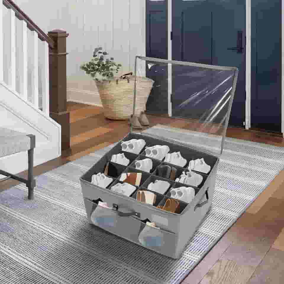 16 pares de caixa de armazenamento de sapatos com divisória para organizador de sapatos à prova de poeira, caixa de armazenamento de sapatos com tampa transparente e alça ajustável recipiente de