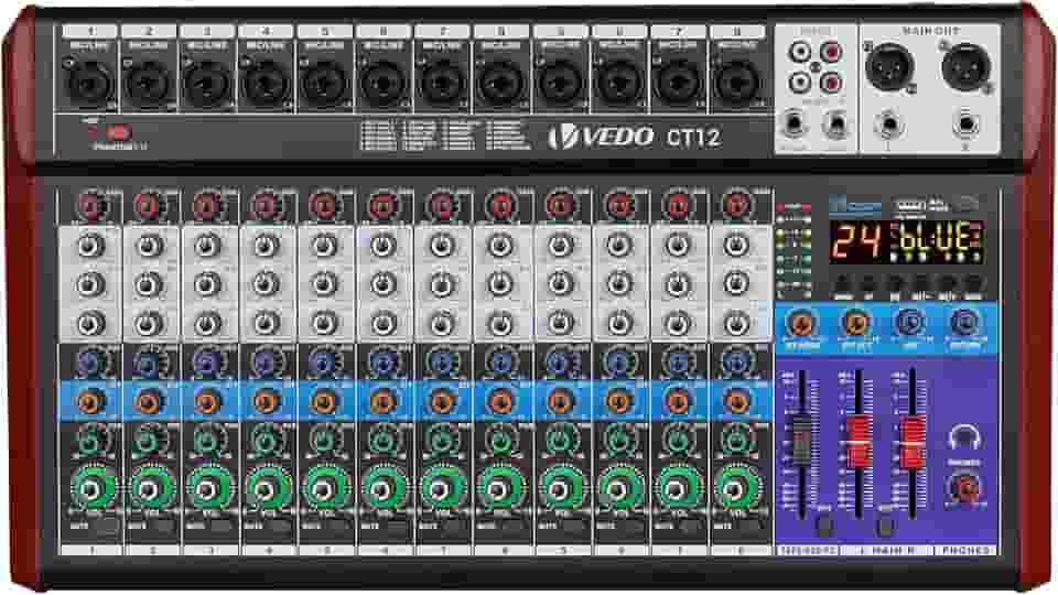 VEDO Mesa de Mistura CT12 Profissional de 12 Canais com Equalizador de 3 Bandas, 24 Efeitos DSP, Bluetooth 5.0, Reprodução/Gravação USB, Alimentação Phantom 48V para Som ao Vivo, Estúdio, Karaokê