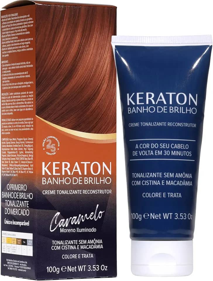 Keraton, Banho de brilho, Creme tonalizante reconstrutor, Sem amônia, Com cistína e macadâmia, Trata e colore, 100g, Caramelo, Moreno iluminado