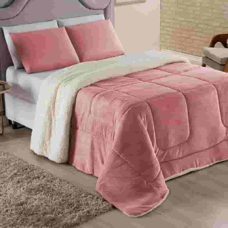 Coberdrom Queen Sherpa Cores Lisas – Edredom Casal Inverno Quente e Macio - Forro Pelucia Tipo Lã - FV Enxovais (Rose, Queen)