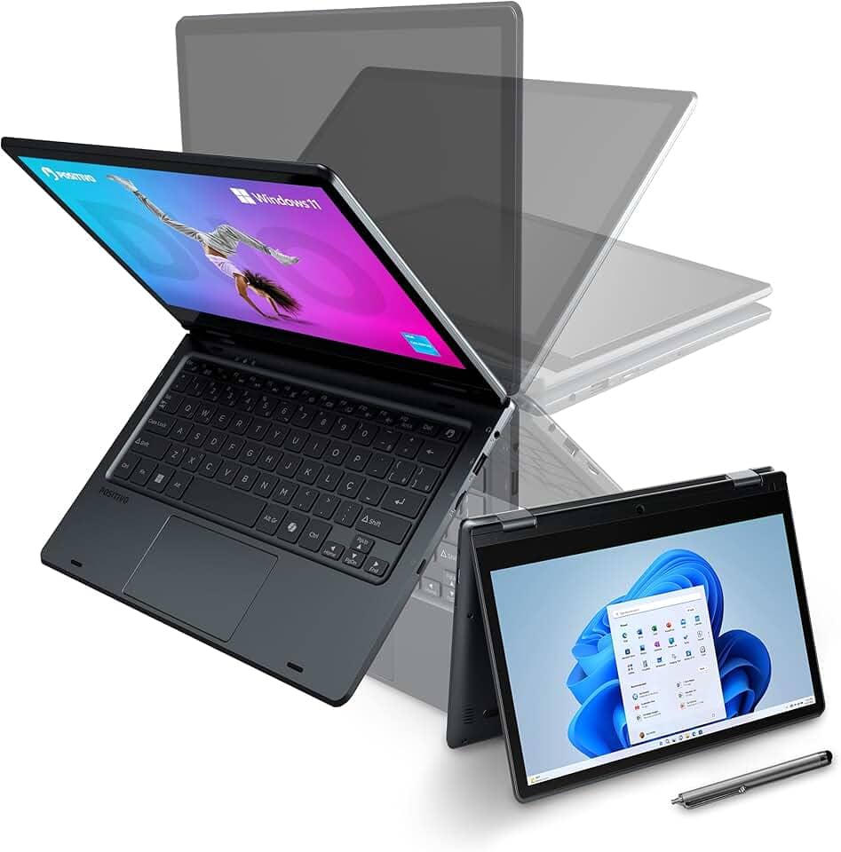 Notebook 2 em 1 Positivo Duo Intel Celeron N4500 4GB RAM 128GB de Armazenamento Tela 11" HD IPS touch com caneta capacitiva, Windows 11 Home – Cinza – C4128E