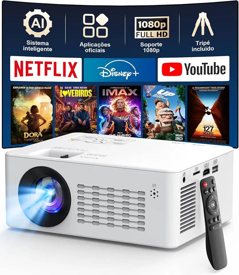 Projetor Portátil Android, WiFi 6 e Bluetooth 5.1, Suporte 4K e 1080P Full HD, Tecnologia LED, HDMI/USB/Áudio/TF, Compatível com Android/iOS, Com Suporte Tripé, Ideal para Casa, Escritório e Aula