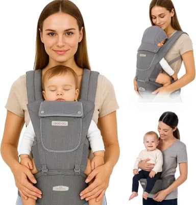 AIEBAO Bolsa Para Bebê Canguru Exclusive, Ergonômico, Protetor de Sol e Chuva, Com Assento, 03 Modos de Uso, Apoio Lombar, Bolso Frontal e Lateral com Zíper, Até 48 Meses, Suporta 36kg, Acolchoado, Fivelas Ajustáveis, Cinza.