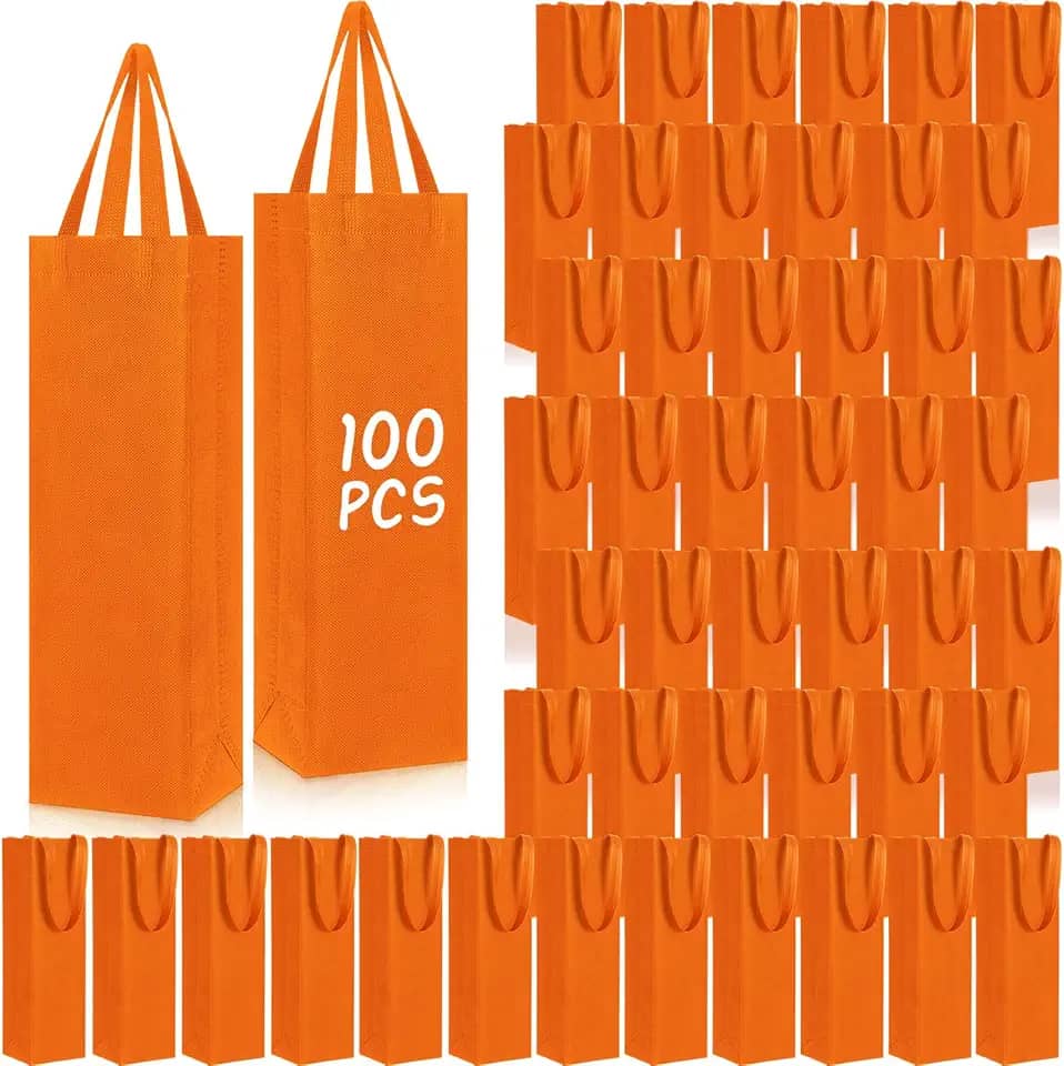 Windyun 100 sacos de presente de vinho com alça reutilizáveis, pequenos, 35 x 9 x 9 cm, garrafas de licor, sacolas a granel para aniversário, casamento, Natal, festa de férias (laranja)