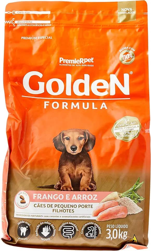 Ração Golden Fórmula Mini Bits para Cães Filhotes de Pequeno Porte Sabor Frango e Arroz, 3kg Premier Pet Para Todas Pequeno Filhotes,