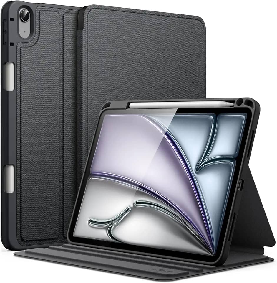 JETech Capa para iPad Air 11 Polegadas M3/M2 (2025/2024), iPad Air 5/4 (2022/2020 5ª/4ª 10,9 Polegadas) com Porta-Pencil, Suporte Fino Tipo Fólio, Ativação/Repouso Automático (Preto)