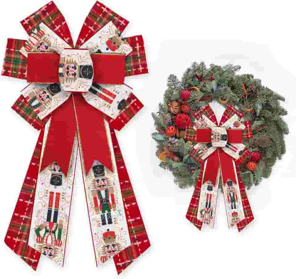 Grande laço de Natal para grinalda, soldado quebra-nozes, veludo, vermelho, verde, xadrez, arco para decoração de Natal, laço de inverno para porta da frente, interior, exterior, parede,