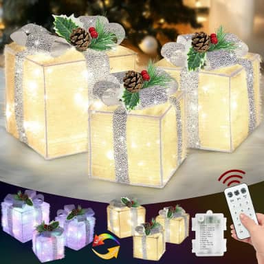 AMENON 3 pacotes de caixas de presente de enfeites iluminadas de Natal com controle remoto de temporizador de 12 modos, operado por bateria 60 branco quente e mudança colorida iluminam a dec