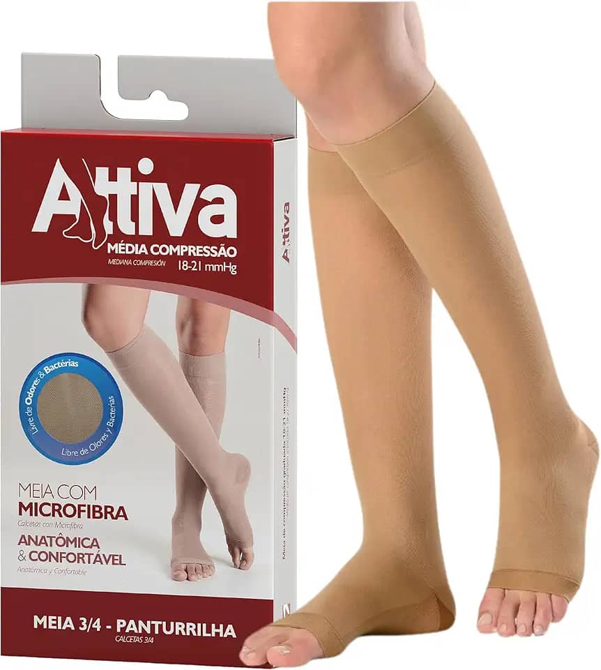 Meia de Compressão Feminina, Meia 3/4 Panturrilha Média Compressão 18 21 Sem Ponteira Cor Natural ATTIVA