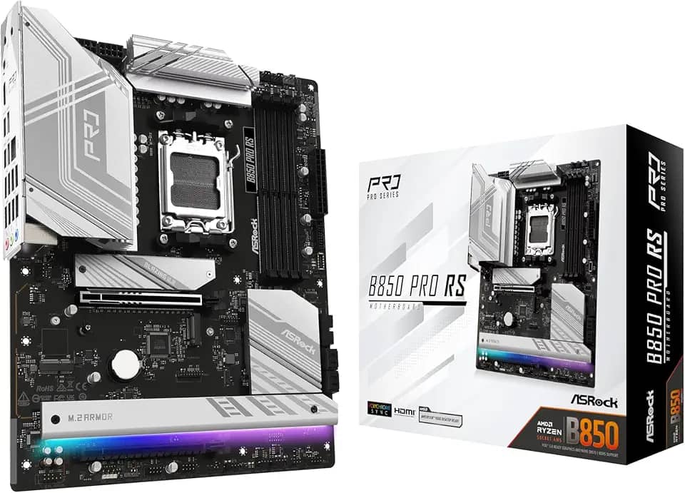 ASRock Placa-mãe AMD AM5 B850 Pro RS, AMD Ryzen série 9000/8000/7000, 4x slots DDR5 até 8000MHz, conexão de alimentação de 24 pinos, ATX, portas USB 21x, PCIe 5.0