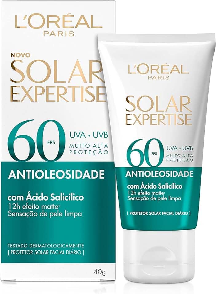 L'Oréal Paris Solar Expertise Protetor Solar Facial Antioleosidade FPS60 Efeito Matte com Ácido Salicílico, Alta Proteção de Amplo Espectro, Sem Cor, 40g