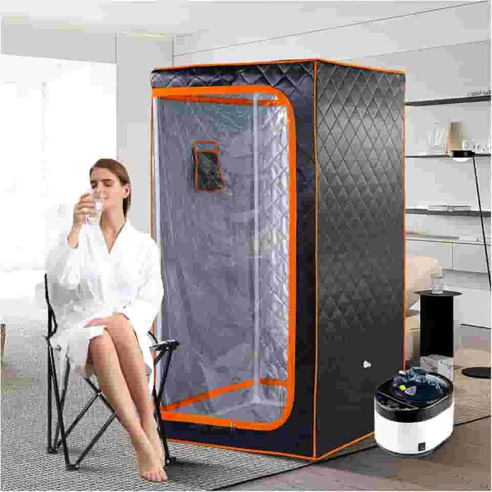ZONEMEL Sauna a vapor portátil tamanho completo, spa pessoal para casa, vaporizador de 4 litros de 1600 watts com controle remoto, temporizador, cadeira dobrável (86 cm x L 86 cm x A 166 cm, borda laranja)