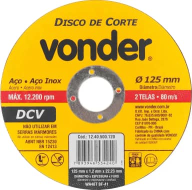 Disco de Corte 125,0x1,2x22,23 Dcv - Vonder