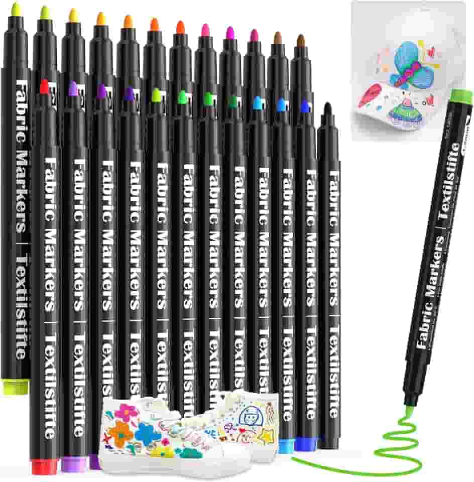Marcadores de tecido permanentes para camisetas, macacões de bebê, babadores, fronhas brancas, sacolas de lona, roupas, sem manchas, ponta fina, segura para crianças e não tóxica. Conjunto de 24 cores de canetas de tinta em tecido JR.WHITE