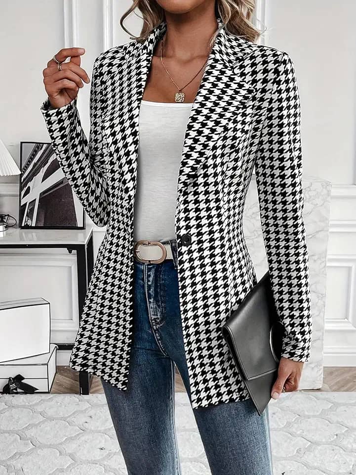 Blazers femininos Houndstooth de manga comprida com botões na frente aberta, casual, negócios, trabalho, escritório
