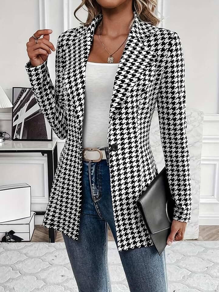 Blazers femininos Houndstooth de manga comprida com botões na frente aberta, casual, negócios, trabalho, escritório