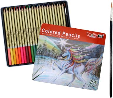 Lucky Art 24 lápis de aquarela profissional, com um pincel e caixa de lata - 24 lápis de cor de água para crianças e adultos - lápis de aquarela para crianças, lápis de cor