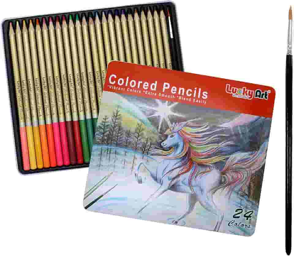 Lucky Art 24 lápis de aquarela profissional, com um pincel e caixa de lata - 24 lápis de cor de água para crianças e adultos - lápis de aquarela para crianças, lápis de cor