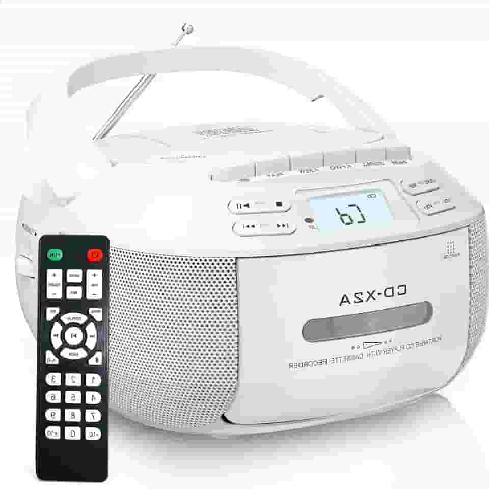 CD Player, 110-220V, Combo CD E Leitor de Cassete, Rádio AM FM Portátil, Radio CD Player com Bluetooth 5.1, Unidade Auxiliar/USB, Tensão Ajustável Manualmente Na parte Inferior da Unidade