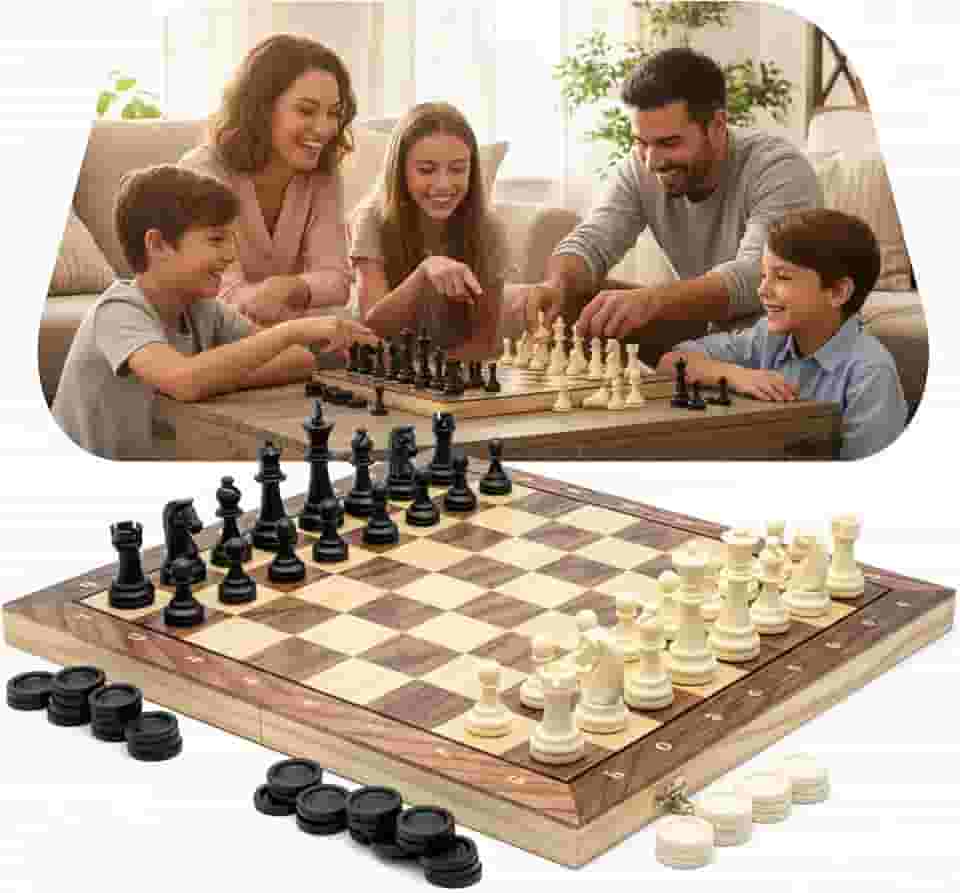 Jogo Xadrez Magnético com Damas e Gamão 3 em 1 Tabuleiro Dobrável 34x34 cm Estilo Estojo Clássico Profissional Luxo Peças Resina de Alto Impacto Recreação Estratégia Tamanho Grande