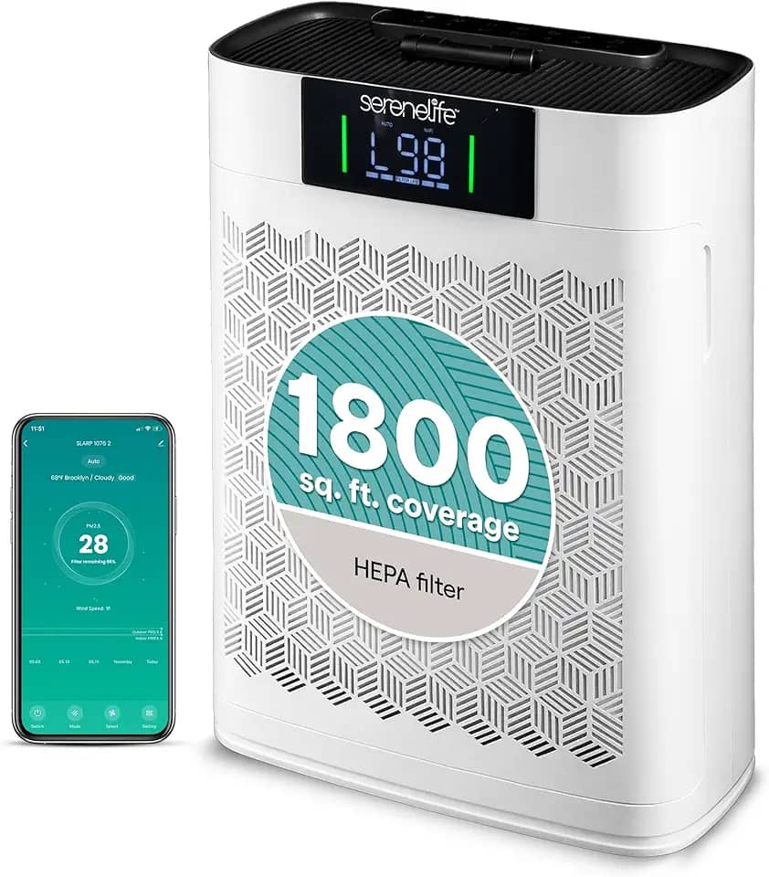 SereneLife Purificador de ar HEPA para casa – WiFi inteligente e controle de aplicativos, purificador de ar ultra-silencioso para quartos e salas grandes, remove poeira, pelos e odores de animais de