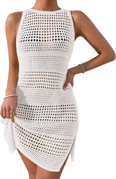 Feminino Saída De Banho Crochê Com Fenda Lateral, Biquíni Verão 2024, Praia, Branco, Tamanho M